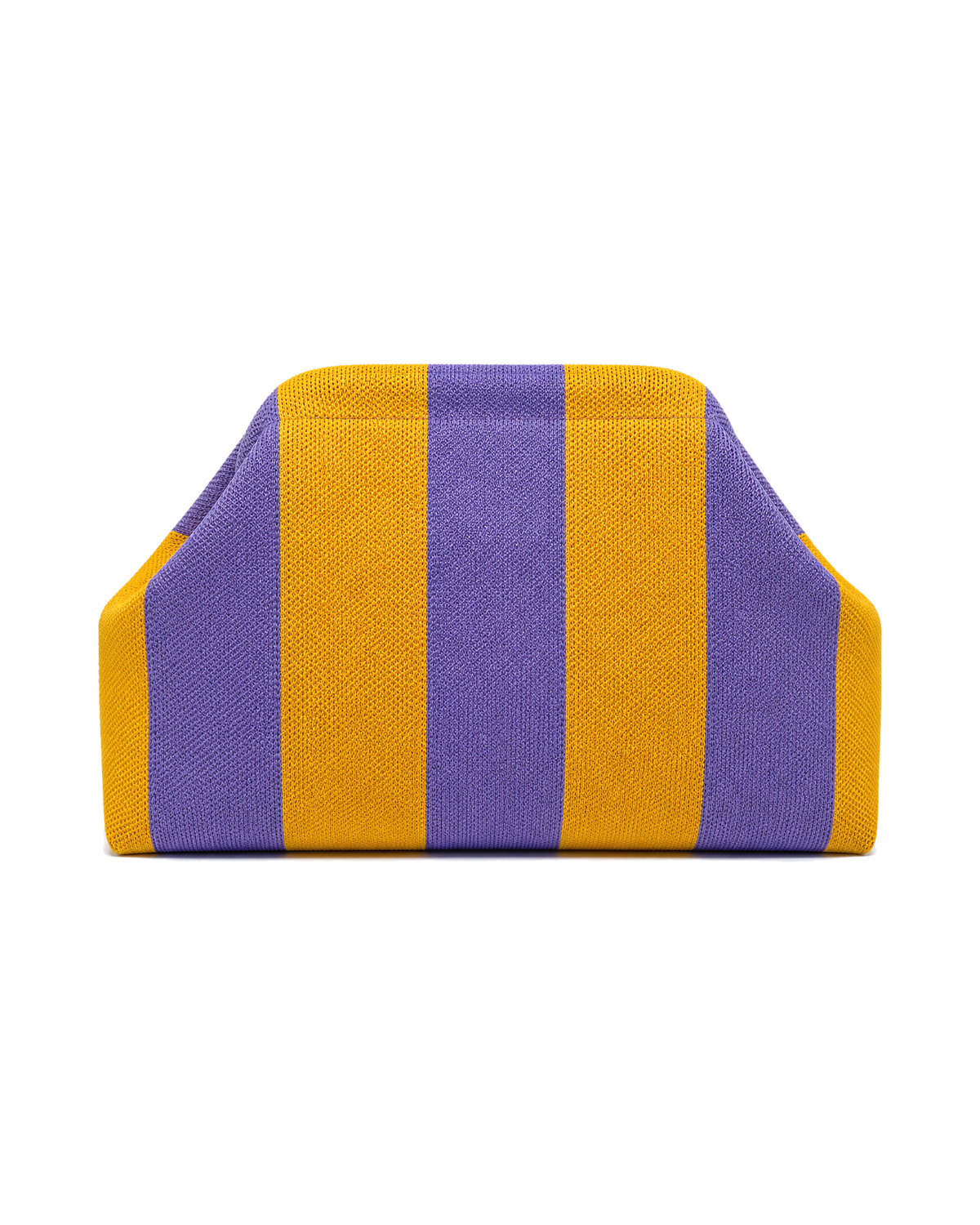 The Amalfi Clutch in Riviera, a knit clutch in purple and gold stripes, on a white background