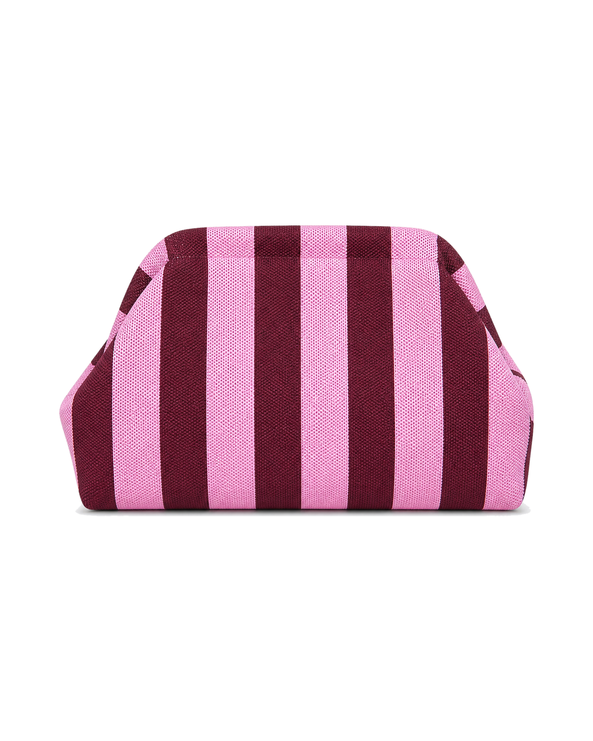 The Amalfi Clutch in Bellini, a knit clutch in pink and burgundy stripes, on a white background