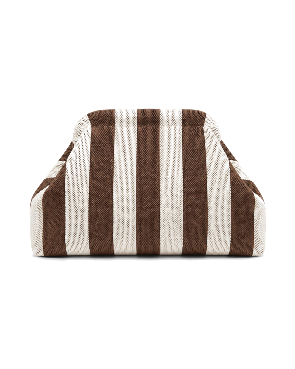 The Amalfi Clutch in Biscotti, a knit clutch in brown and cream stripes, on a white background