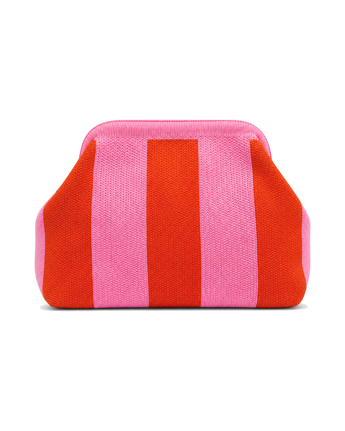 The Amalfi Clutch in Campari, a knit clutch in red and pink stripes, on a white background