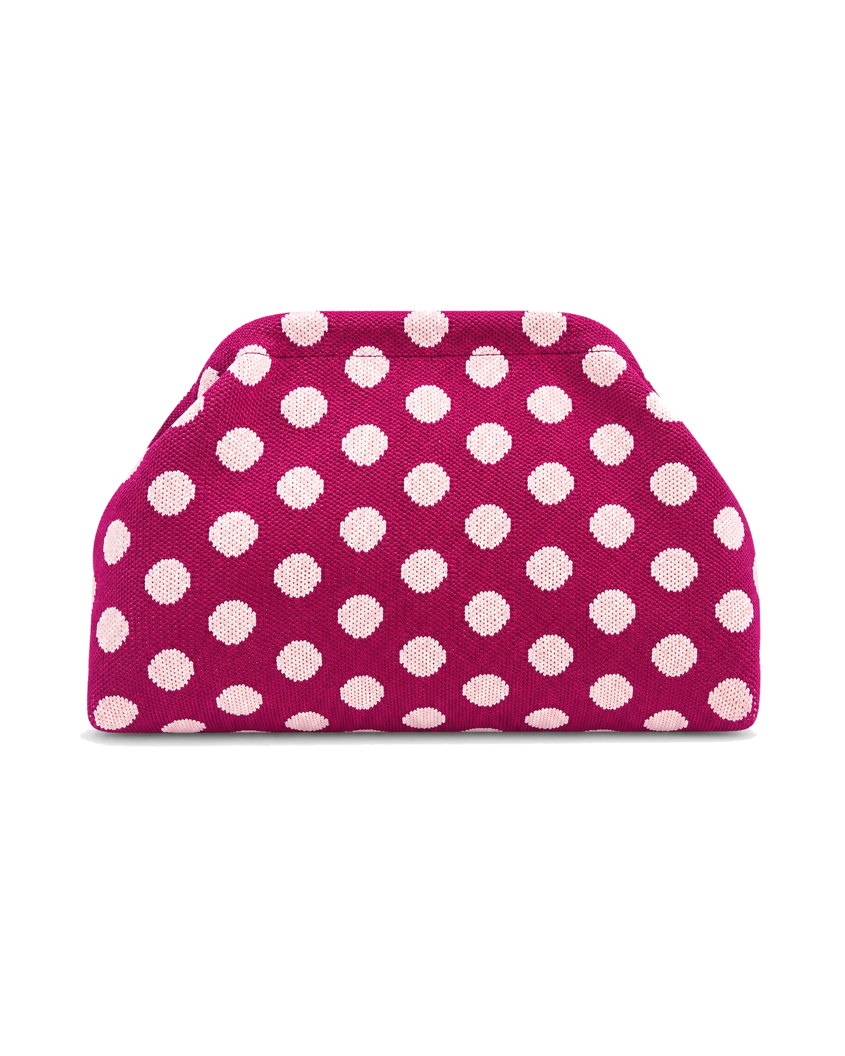 The Amalfi Clutch in Cosmo, a knit clutch in magenta with pink polka dots, on a white background