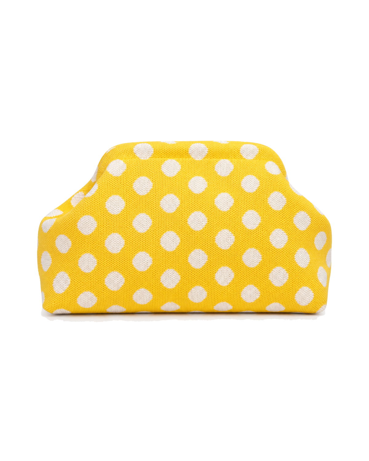 The Amalfi Clutch in Limoncello, a knit clutch in yellow with white polka dots, on a white background