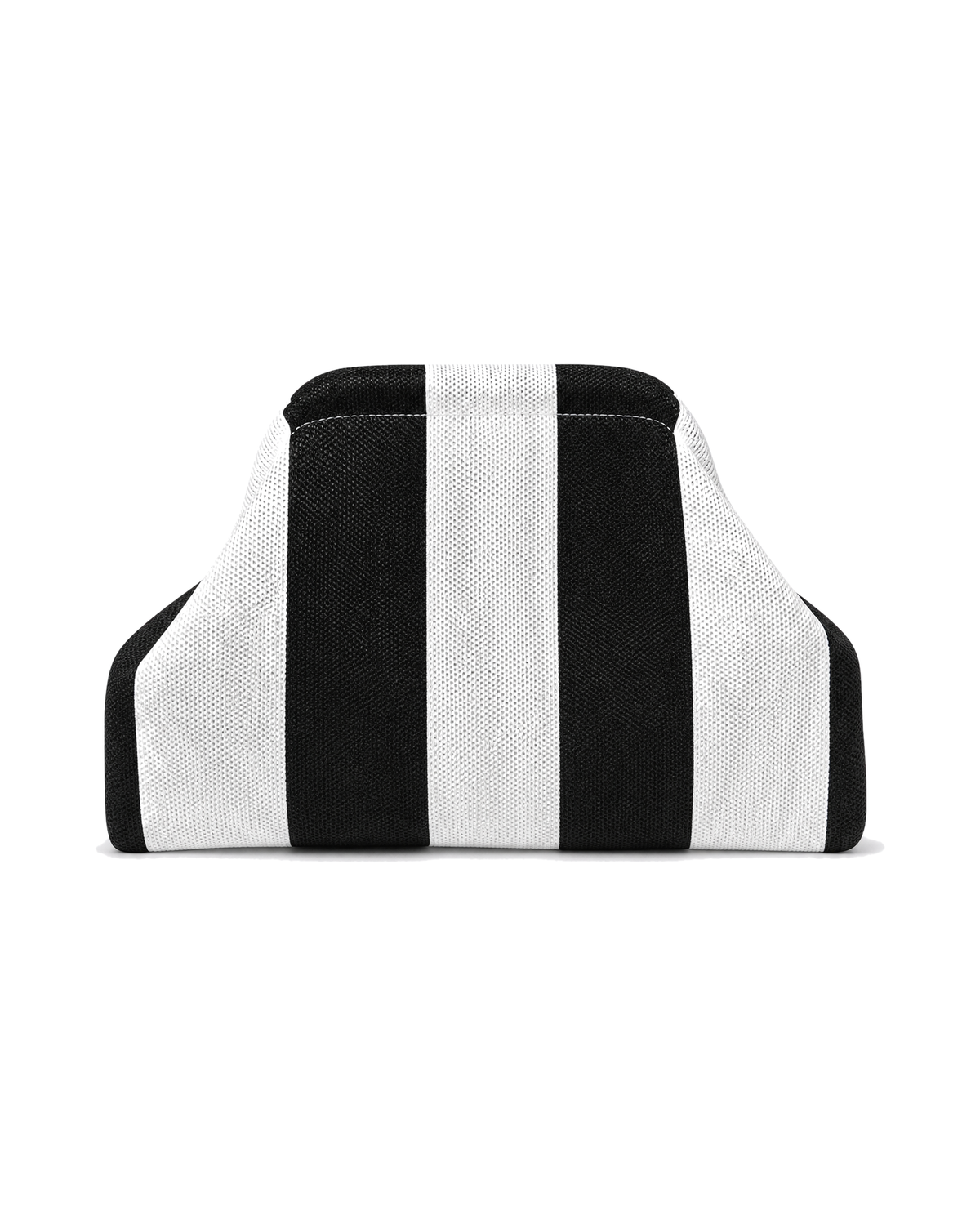 The Amalfi Clutch in Noir, a knit clutch in black and white stripes, on a white background