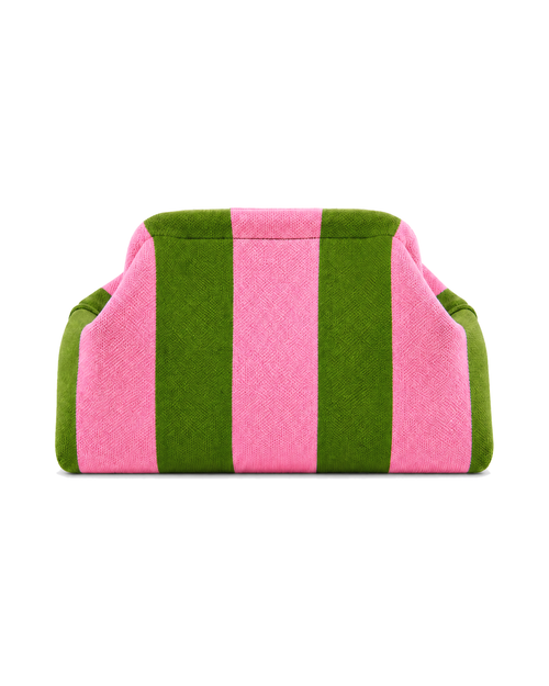 The Amalfi Clutch in Sorrento, a knit clutch in pink and green stripes, on a white background