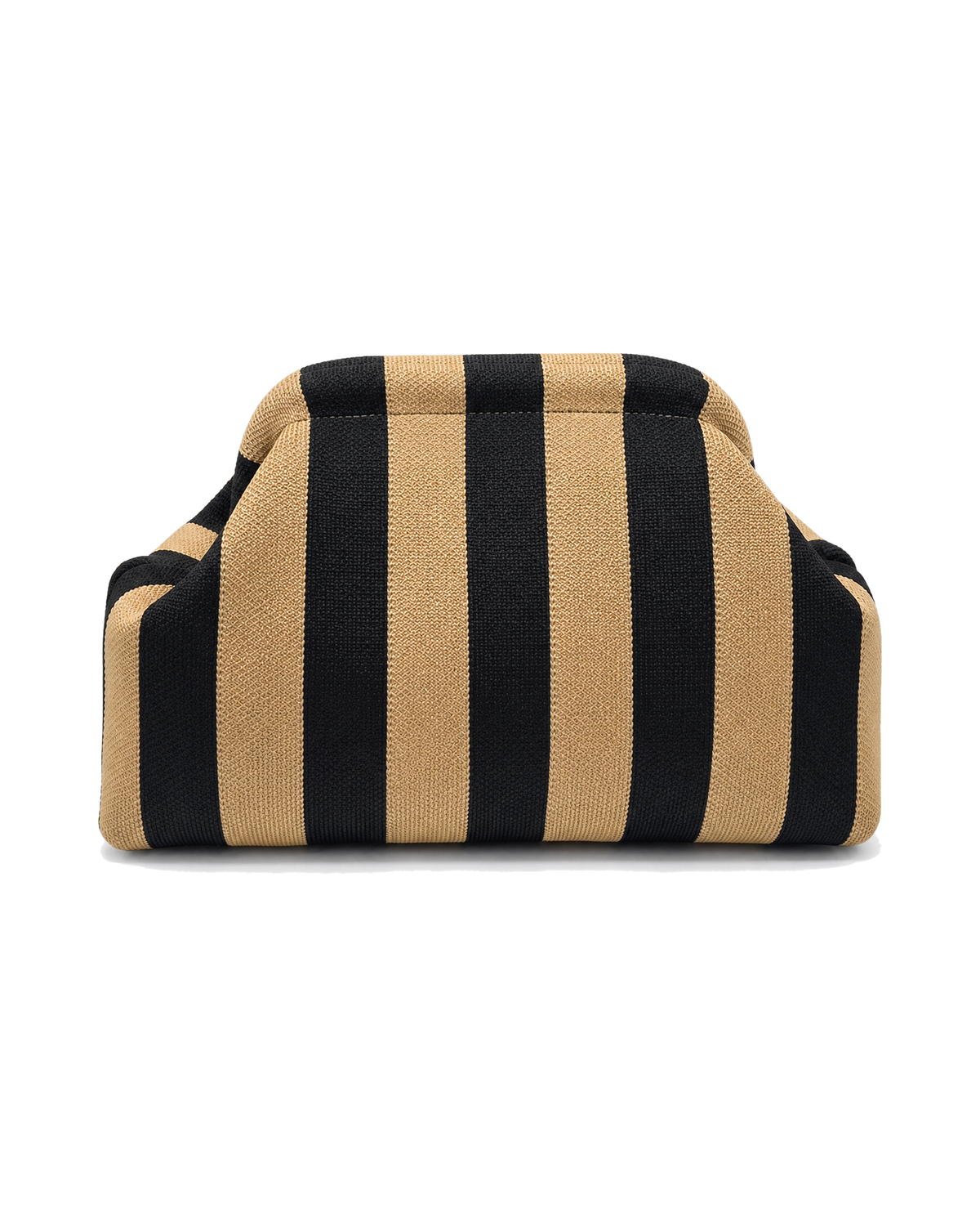 The Amalfi Clutch in Terra, a knit clutch in tan and black stripes, on a white background
