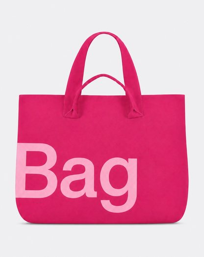 The Tribeca Tote in Raspberry, Bag-side wordmark