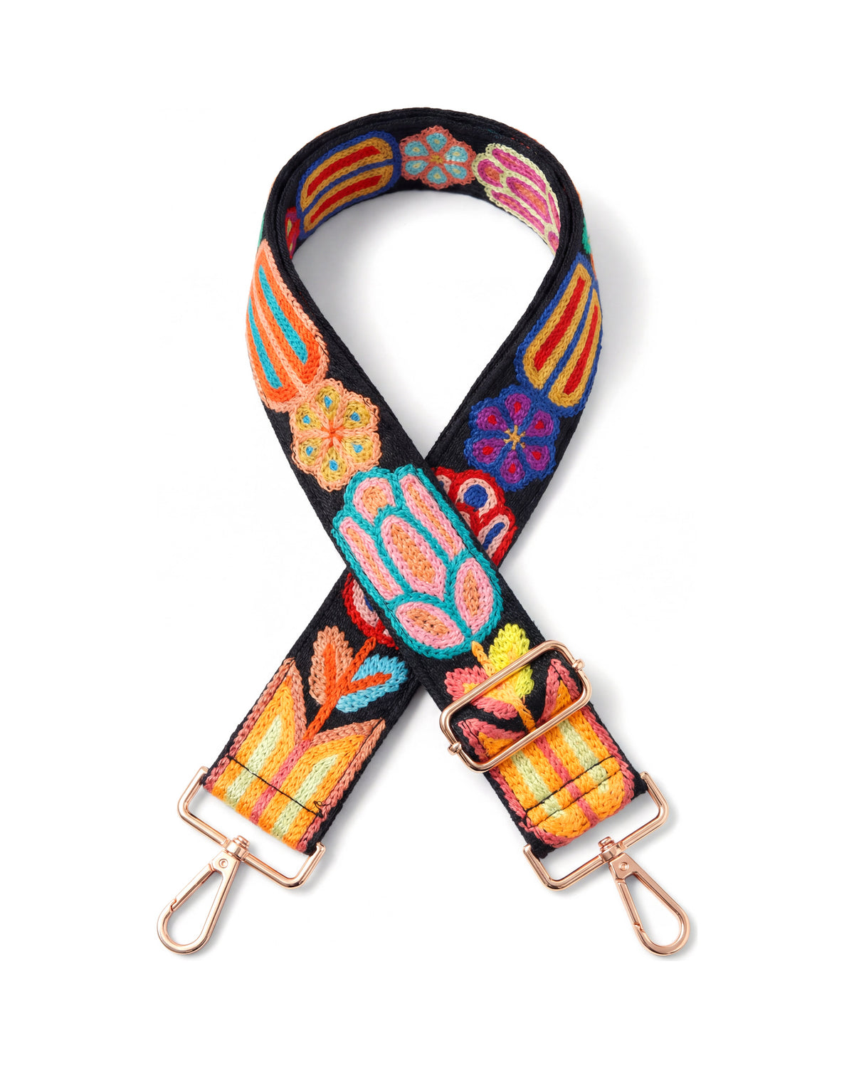 Embroidered Crossbody Strap in Midnight Folk, Gold