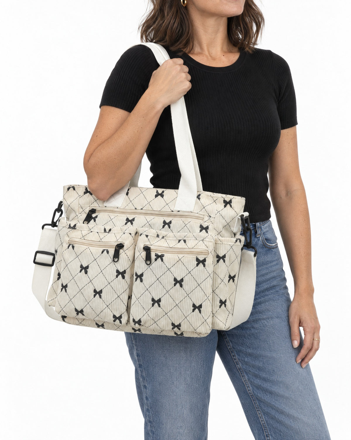 Coquette Tote on a model, studio shot
