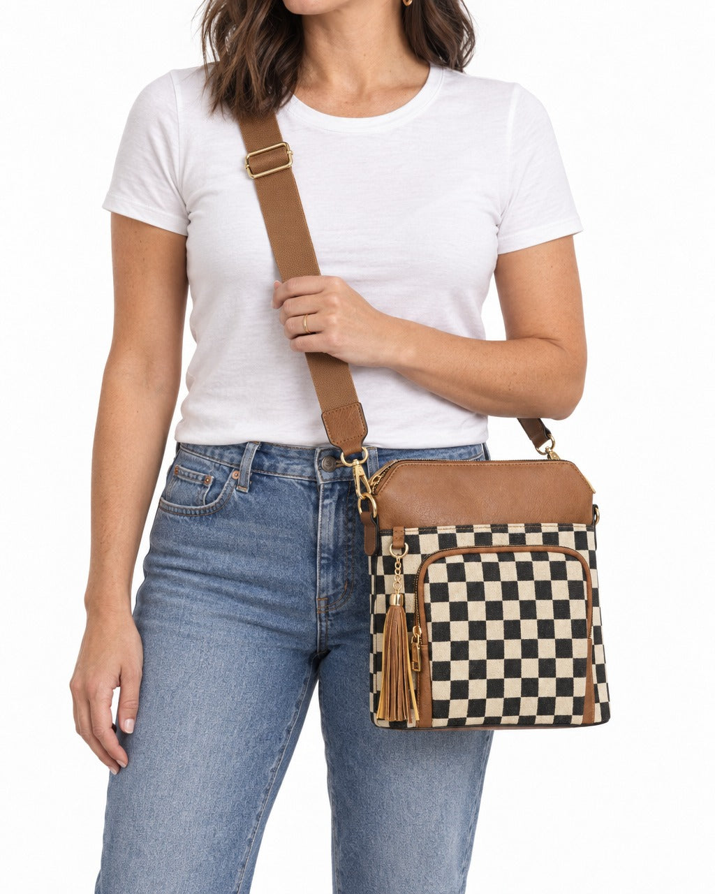 Porter Crossbody on a model, studio shot