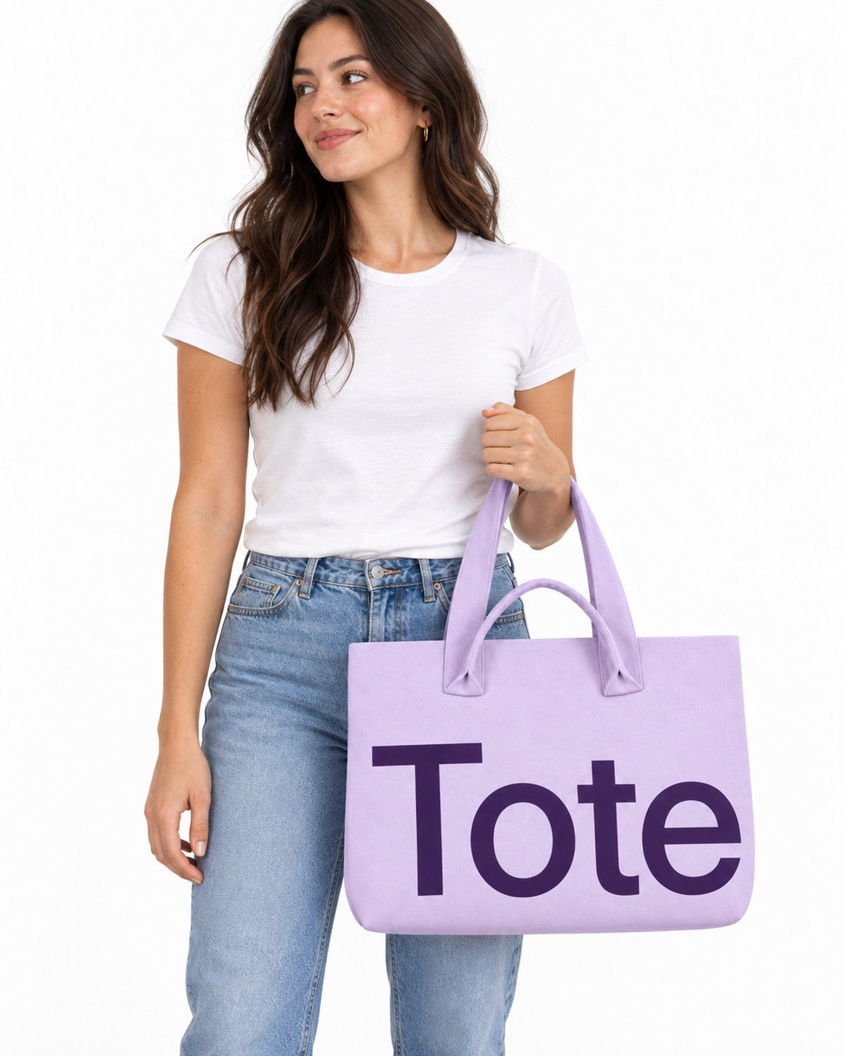 The Tribeca Tote in Lavender/Purple on a model, studio shot