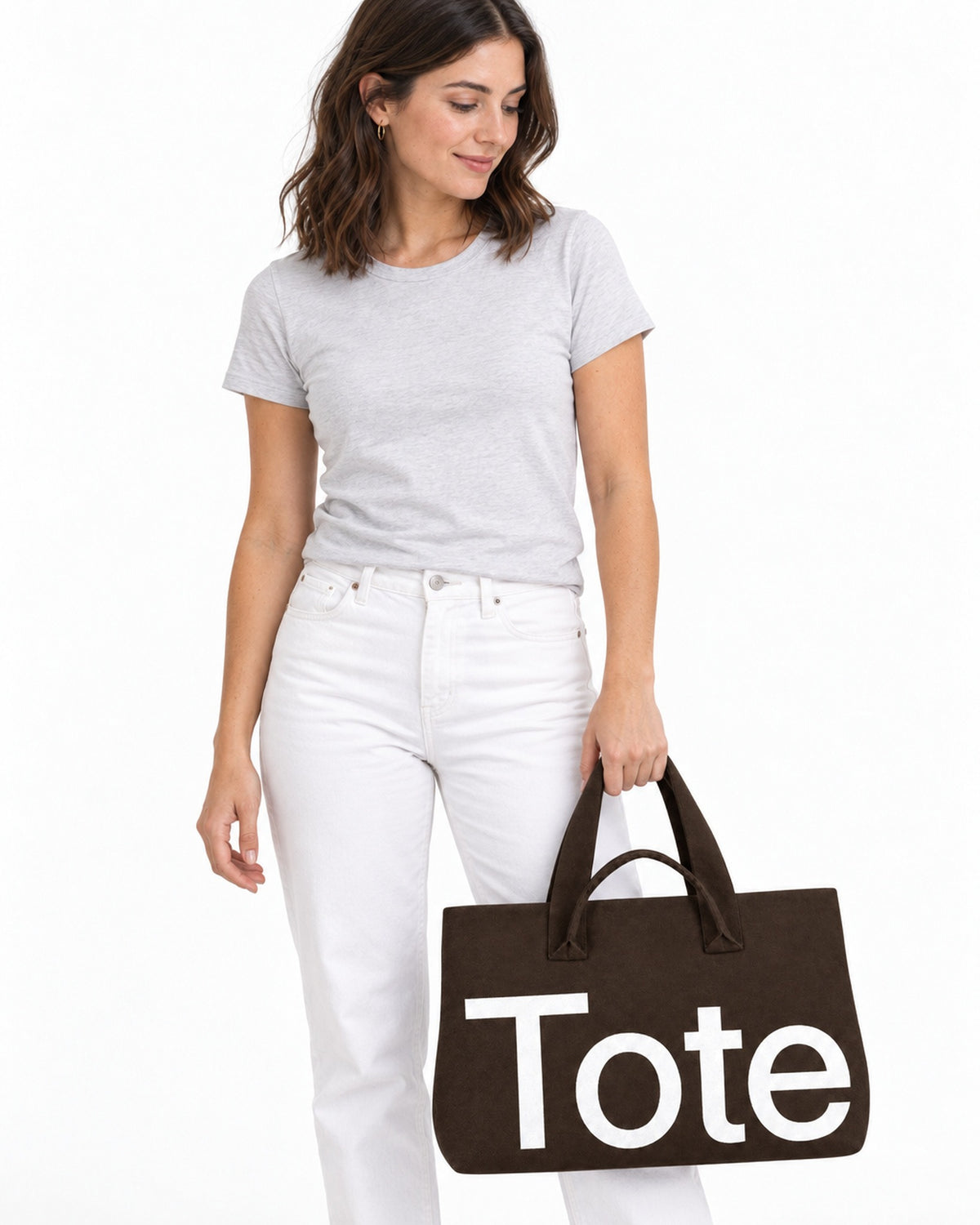 The Tribeca Tote in Mocha Brown on a model, studio shot