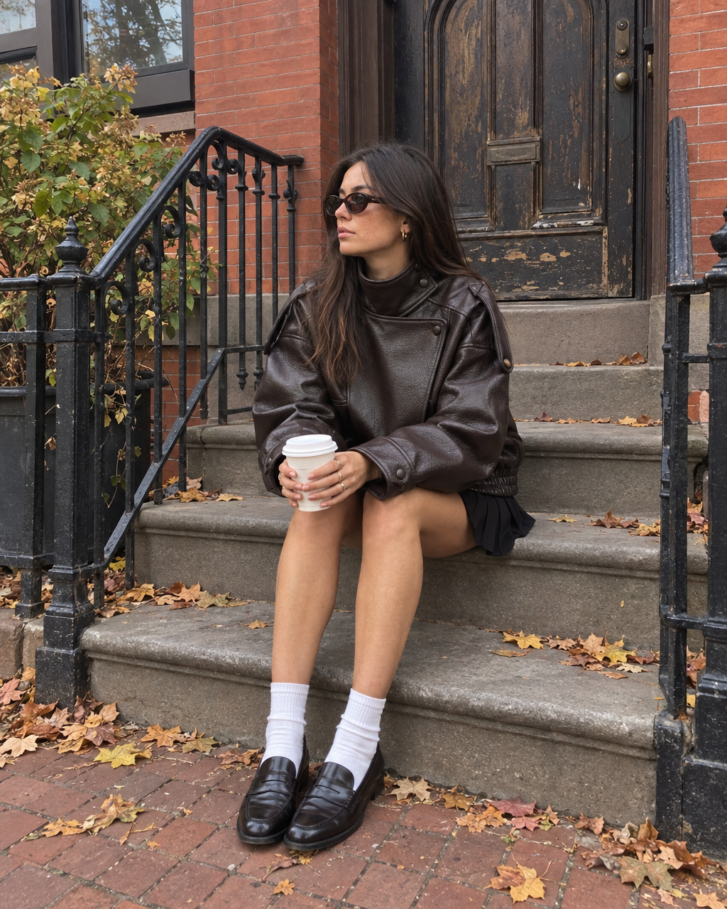 The Milan Jacket in Espresso, worn with a pleated mini skirt and loafers, sitting on a brick stoop with a coffee